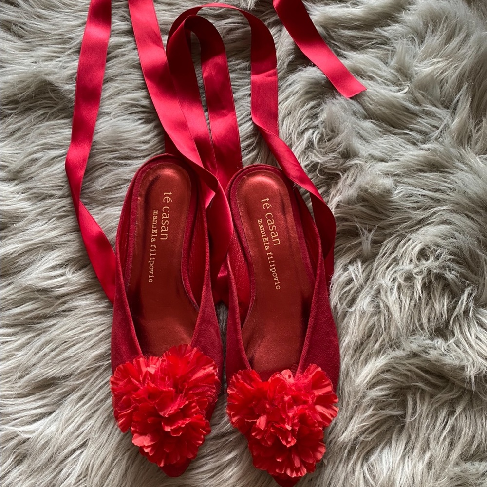 Red suede wrap around leg flats